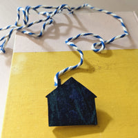 Little blue house handprinted brooch