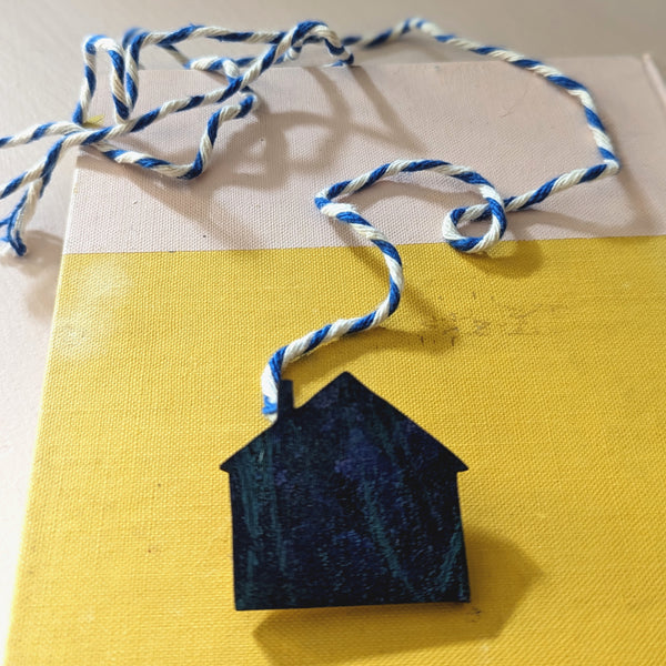 Little blue house handprinted brooch