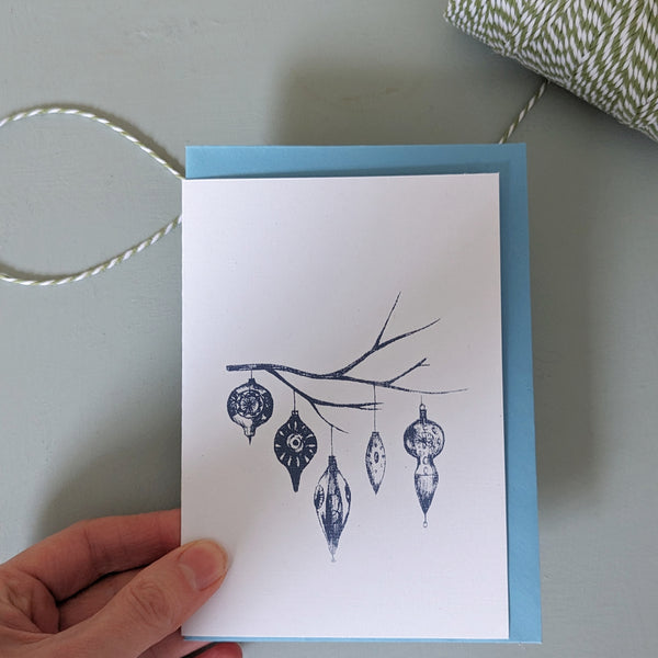 Hand printed baubles card