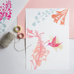 Hummingbird and Flowers Screenprint
